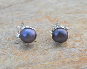 4mm Black Freshwater Pearl Sterling Silver Stud Earrings, June Birthstone, 30th Anniversary