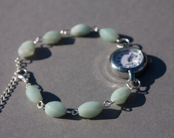 Amazonite bracelet watch- Aqua blue bracelet- womens wrist watch- beaded watch- gemstone bracelet- for her- summer fashion- pastel bracelet