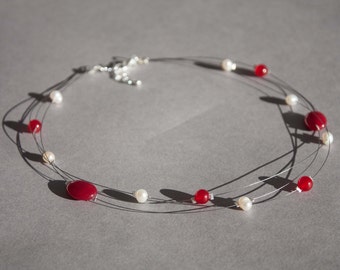 Cherry Red Jasper and Ivory Freshwater Pearl Multi-Strand Illusion Necklace