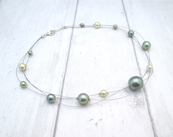 Green Glass Pearl Illusion Necklace, Multi-Strand Floating Necklace, Botanical Colours Necklace