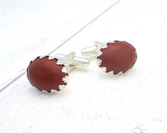 Oval Red Jasper Cuff Links, Silver Plated Cufflinks, 18x13mm Gemstone Suit Accessory