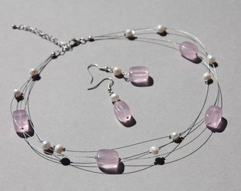 Rose quartz and freshwater pearl illusion necklace and earrings set, floating multi strand jewellery set