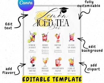 Menú de barra de limonada para fiesta de graduación - Plantilla editable de letrero para barra de limonada y té helado para fiesta de graduación - 4 letreros para bebidas de graduación