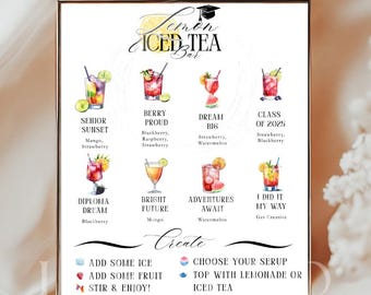Menú de barra de limonada y té helado para fiesta de graduación: plantilla de letrero editable y PNG: 4 letreros para estaciones de bebidas con temática de graduación.