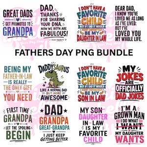 Puede incluir: Un paquete PNG del D&iacute;a del Padre con varios dise&ntilde;os de texto. Los dise&ntilde;os incluyen frases como "Great Dads", "DaddySaurus" y "My Jokes are Officially Dad Jokes". La paleta de colores incluye tonos de azul, rojo y rosa.