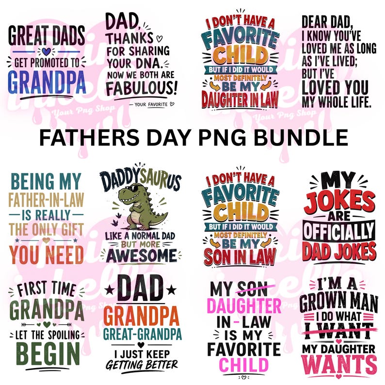 Puede incluir: Un paquete PNG del D&iacute;a del Padre con varios dise&ntilde;os de texto. Los dise&ntilde;os incluyen frases como "Great Dads", "DaddySaurus" y "My Jokes are Officially Dad Jokes". La paleta de colores incluye tonos de azul, rojo y rosa.