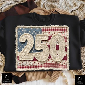 Op de afbeelding: Zwart sweatshirt met een groot patchwork-ontwerp met het nummer "250". Het patchwork bevat een blauwe stof met witte sterren, rood-witte ruitjes en bloempatronen. De cijfers zijn gemaakt van dik, crèmekleurig garen.