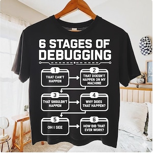 以下が含まれることがあります： 白いテキストで「6 STAGES OF DEBUGGING」と書かれた黒い半袖Tシャツ。その下には6つの番号付きボックスで構成されたフローチャートがあり、各ボックスには「THAT CAN'T HAPPEN」、「THAT DOESN'T HAPPEN ON MY MACHINE」、「THAT SHOULDN'T HAPPEN」、「WHY DOES THAT HAPPEN?」、「OH I SEE」、「HOW DID THAT EVER WORK?」というフレーズが記載されています。