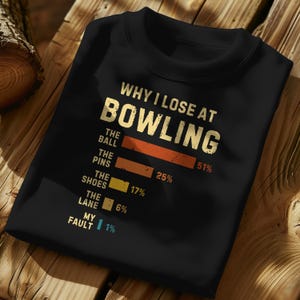 May include: Black sweatshirt with a white graphic that says "WHY I LOSE AT BOWLING" with a bar graph showing the percentage of times the ball, pins, shoes, lane, and my fault are to blame for losing at bowling. The percentages are 51%, 25%, 17%, 6%, and 1% respectively.