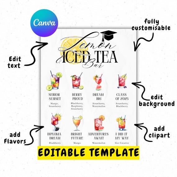 Graduation Party Lemonade Bar Menu - Graduation Party Lemonade and Iced Tea Bar Menu Editable Sign Template - 4 Graduation Drink Signs