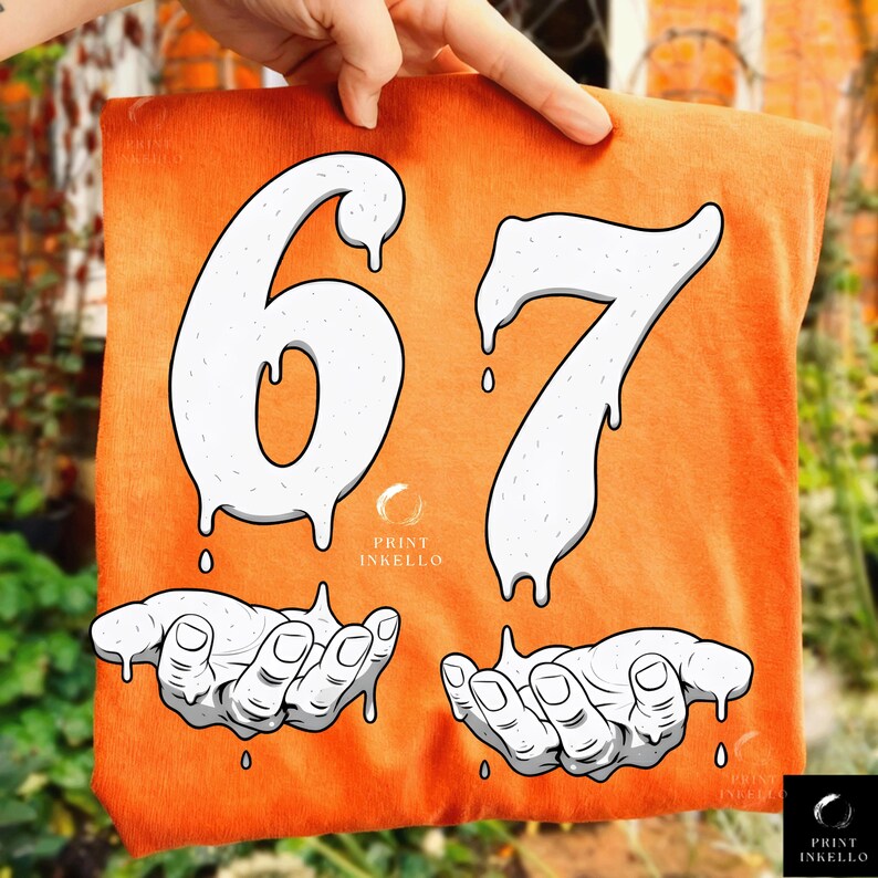 May include: Orange t-shirt with the number "67" in a dripping white font. Below the numbers are two hands with dripping white paint. The Print Inkello logo is at the bottom.