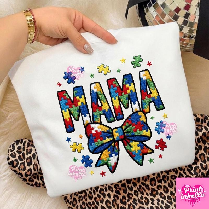 Autism Mama PNG Faux Embroidery | Puzzle Piece Bow Sublimation | Autism ...