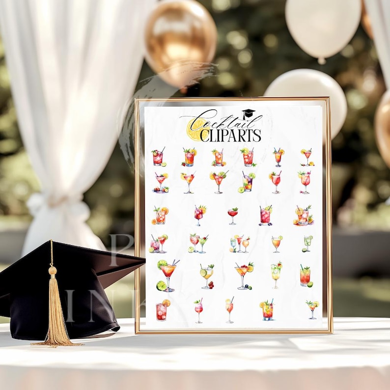 May include: A framed print featuring watercolor illustrations of various cocktails. The print is titled "Cocktail Cliparts" and includes a graduation cap icon. A black graduation cap with a gold tassel is in the foreground.