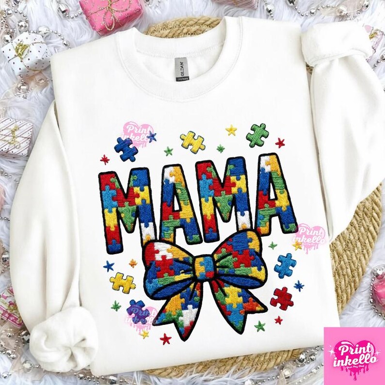 Autism Mama PNG Faux Embroidery | Puzzle Piece Bow Sublimation | Autism ...
