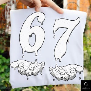May include: White t-shirt featuring the numbers "6" and "7" in a dripping style, with hands below catching the drips. The design is in black and white, with the text "PRINT INKELLO" at the bottom.