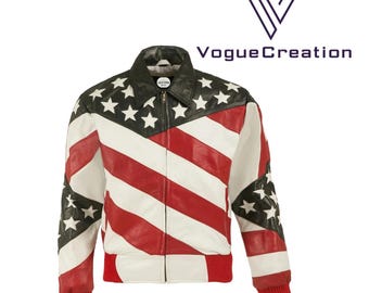 May include: A leather jacket with a design inspired by the American flag. The jacket features red and white stripes, black panels with white stars, a black collar, and red cuffs. The zipper is silver.