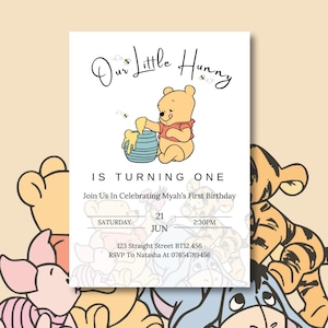 Invito di compleanno di Winnie The Pooh / Il nostro piccolo tesoro compie un anno / Modello Canva modificabile / Invito personalizzabile A4 / Download immediato
