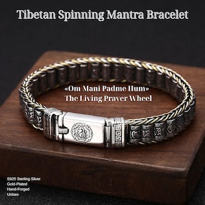 S925 Sterling Silver Tibetan Bracelet «Om Mani Padme Hum» – Spinning Prayer Wheel with Double Vajra Seal