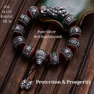 Red Sandalwood Mantra Bracelet: Silver Dragon Talisman, Tibetan Buddhist Jewelry