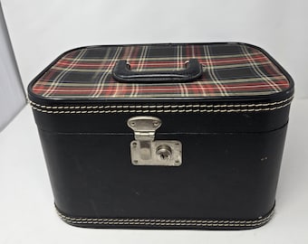 Vintage Train Case 1950s Black Vinyl with Plaid Lid and Blue satin Interior Retro Vanity Travel Case with Mirror MCM Luggage Decor