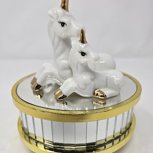 Vintage Unicorn Music Box Piano mirrored glass base with gold accent MSR Imports Inc Made in Taiwan Spins while playing &quot; Through the Years&quot;