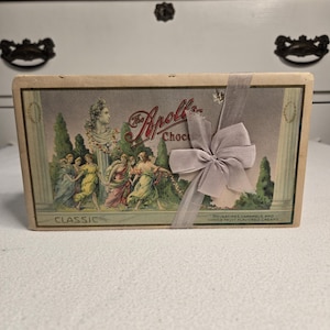 Caixa de doces antiga Apollo 1920 Caixa de doces de papelão Nougatines Caramels Choice Fruit Lindas ilustrações coloridas