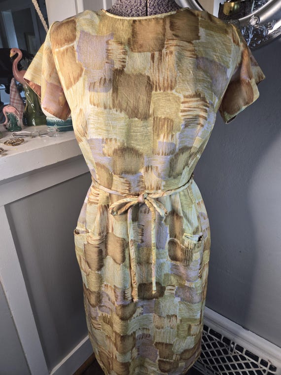 60s Silk Sheath Dress: Watercolor Box Print, Mid-Century Cocktail Party Attire