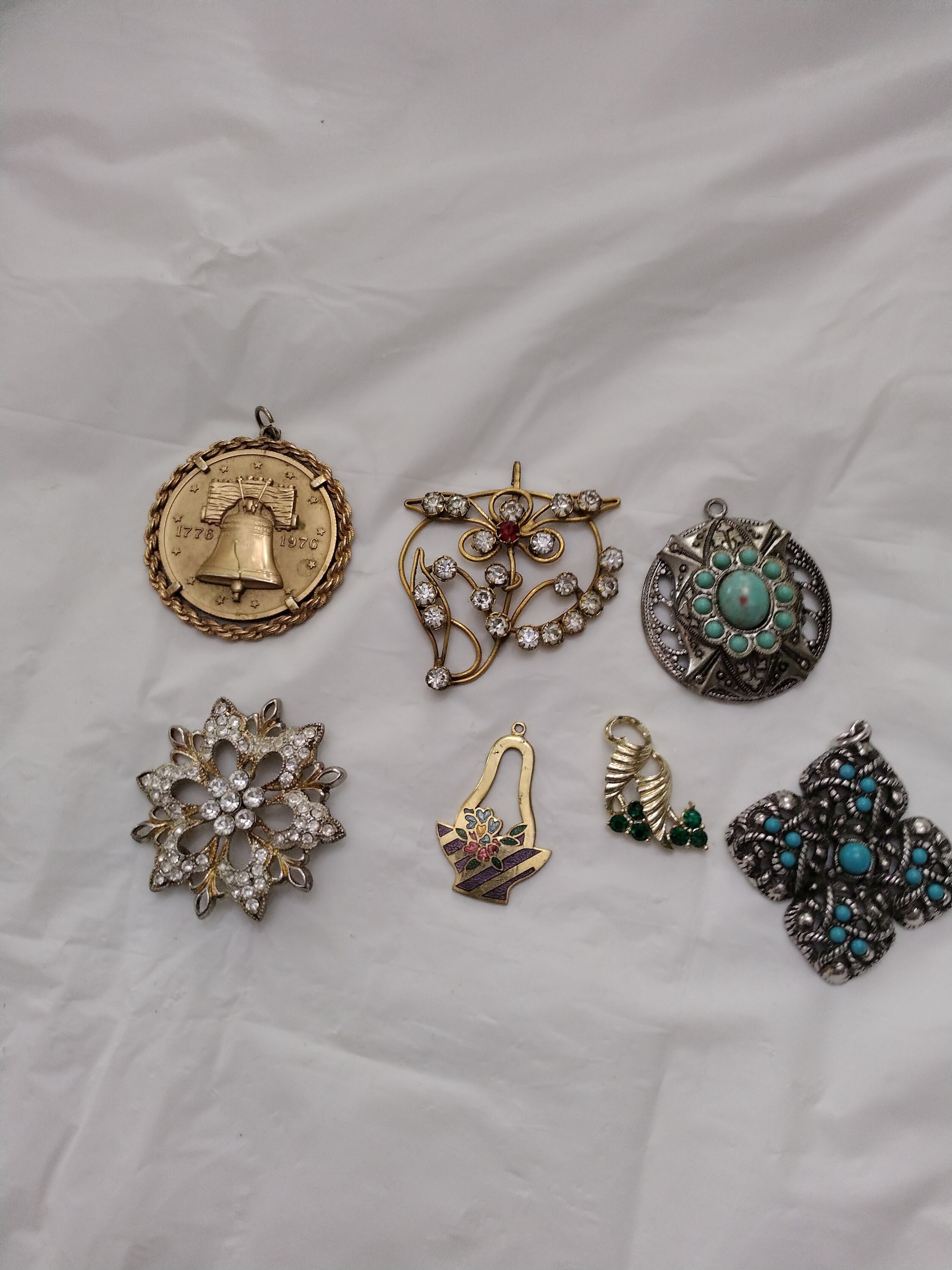 7 Vintage Necklace Pendants, Rhinestone Pendant, Bicentennial Blue Cross Pendant Lot