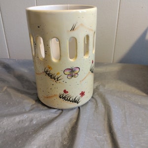 Ceramic Cylinder Candle Holder, Votive Pillar Candle Holder with Flower Butterfly Designs