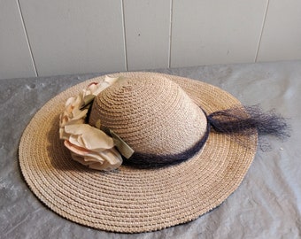 Vintage Floppy Womans Hat, Plastic Straw Hat with Flowers & Ribbon