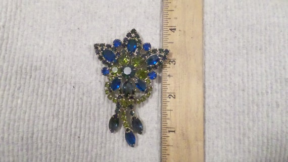 Vintage Rhinestone Brooch, Blue & Green Stone Bro… - image 3