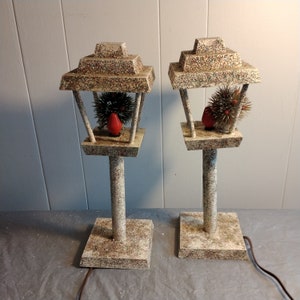 Pair Vintage Wood Lantern Lamp Post Nightlight Table Lamps, Holiday Decor