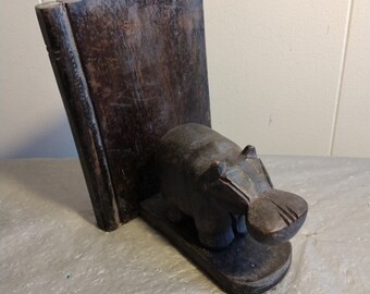 Vintage Handcrafted Ghana Hippo Bookend, Hippopotamus Bookend