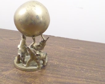 Vintage Brass Elephant Figurine, 3 Elephants Holding Ball, Trunks Up