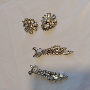 2 pr Vintage Clear Rhinestone Clip on Earrings Screw Back Earrings