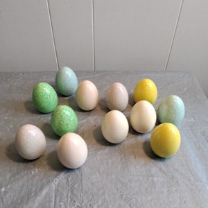 12 Wooden Colored Eggs, Decorative Eggs, Wood Eggs