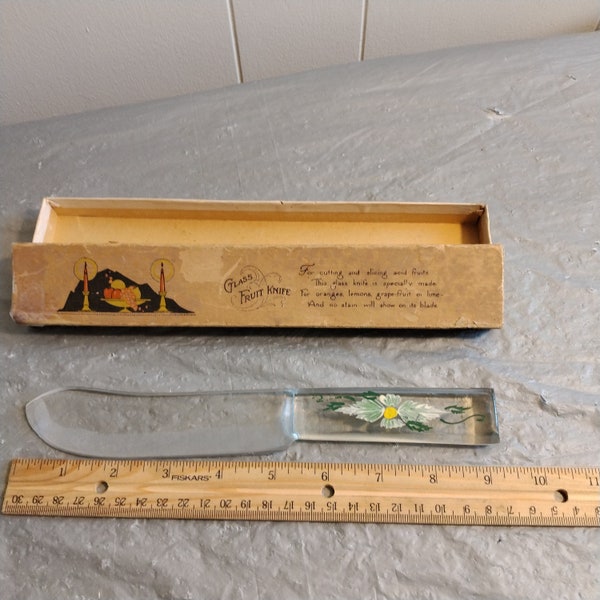 Vintage Hand Painted Glass Fruit Knife, Glass Fruit & Cake Knife