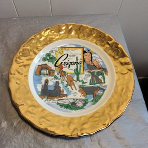 Vintage Crown Gold Arizona Souvenir Plate Heavy Gold Border