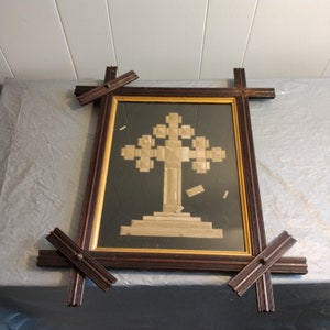 Vintage Tramp Art religieux croix Decor, encadré bois christianisme croix Art