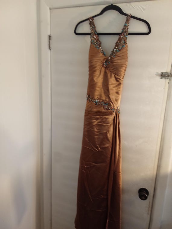 Vintage Tony Bowls Paris Rhinestone Evening Dress, Sleeveless, Low Back, Metallic Mocha