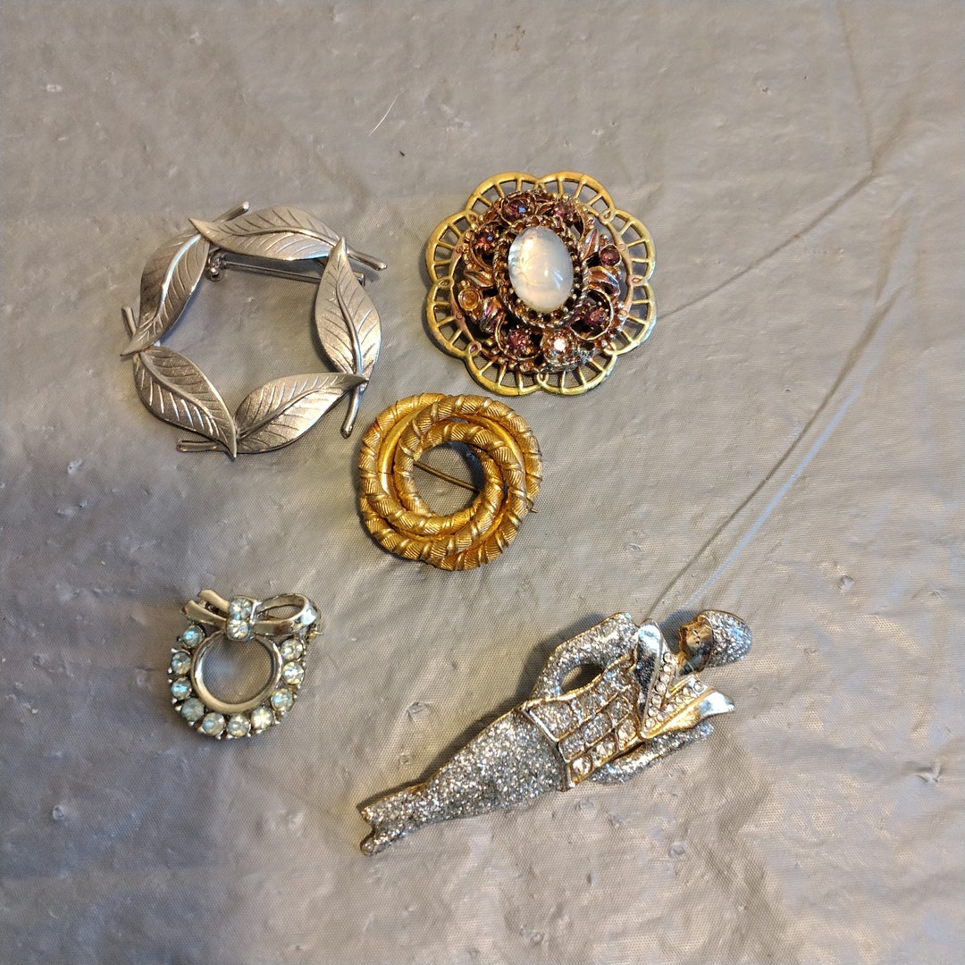 Vintage Brooch Lot, Rhinestone Brooch, Figural Brooch, Leaf Brooch Etsy