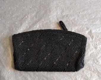 Vintage Black Beaded Clutch Evening Bag, Small Purse