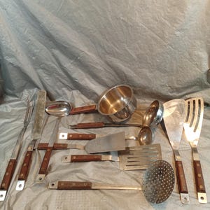 11pc Vintage Large Wood Handle Kitchen Utensil Set, Pot, Brass Rivets, Read Description