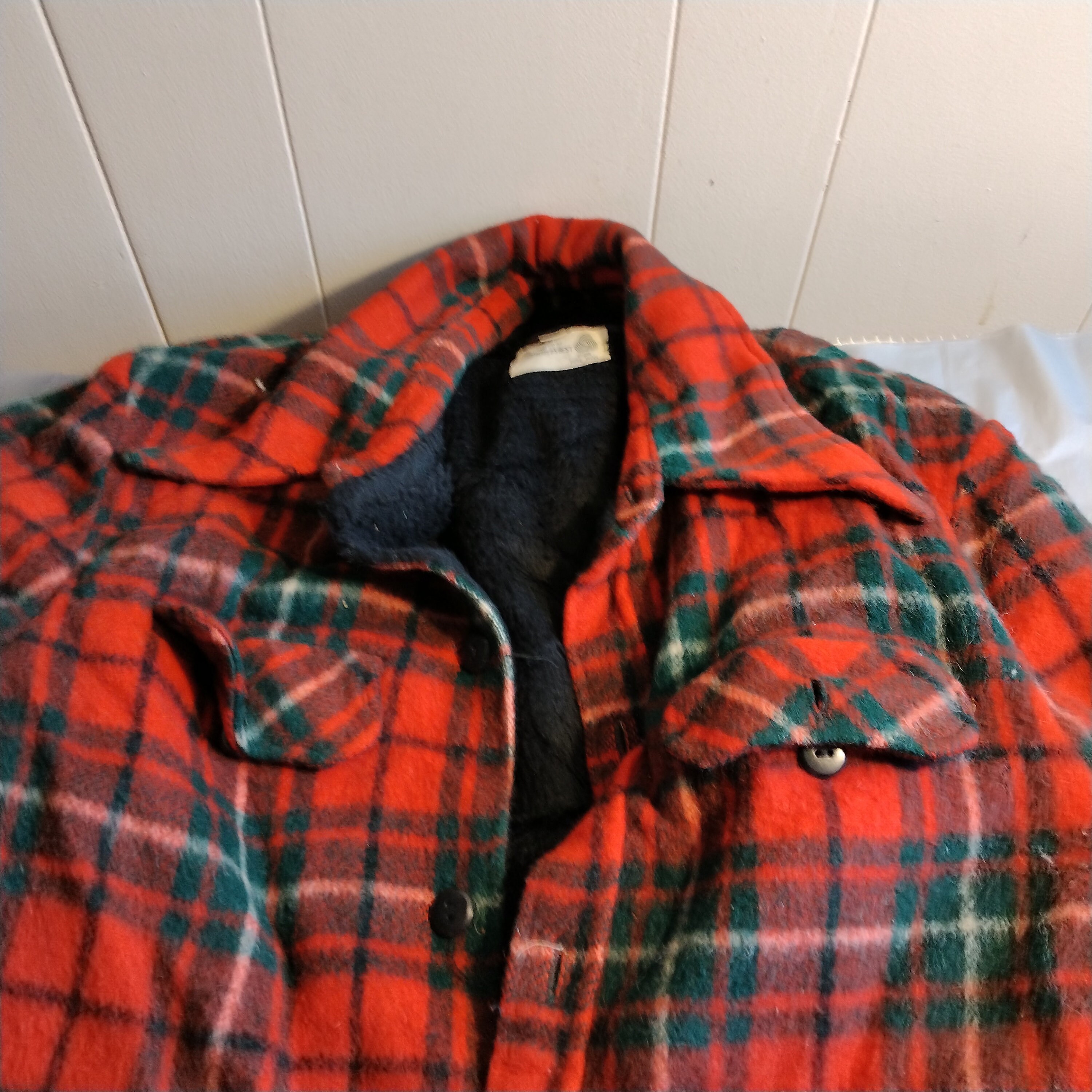 Vintage Mens Red Plaid Wool Button Front Lined Over Top, Sears Wool Flannel Top 44, Look & Read Description