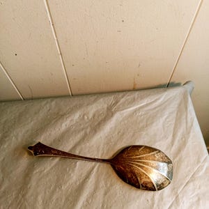 Puede incluir: Una cuchara de servir plateada con un cuenco en forma de hoja y un mango largo y delgado. El cuenco presenta un diseño grabado detallado con líneas radiales. El mango tiene un extremo decorativo. La cuchara es probablemente vintage o antigua.