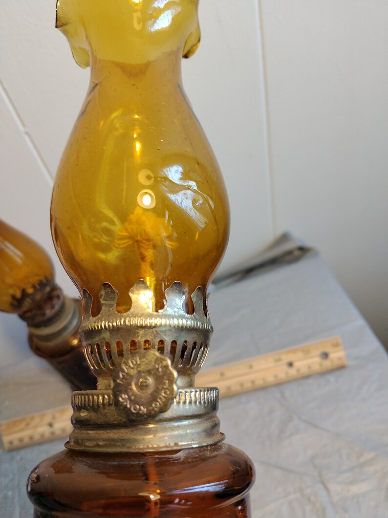 Pair 9 1/4 Vintage Amber Glass Oil Lamps Hong Kong Oil Etsy