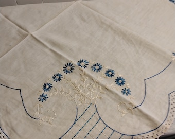 Vintage Hand Embroidered Tablecloth, Blue & White Flower Basket Embroidery 33.5x34.5&quot; Oval Tablecloth
