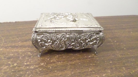 Vintage Metal Trinket Box, Man Woman Garden Scene… - image 6