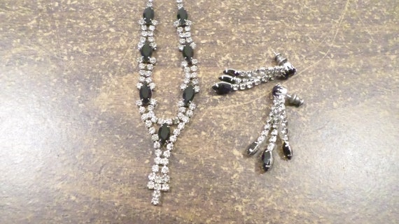 Vintage Clear & Black Rhinestone Necklace and Ear… - image 1