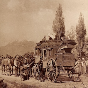 May include: Sepia-toned illustration of a horse-drawn stagecoach with passengers and a driver. A woman plays a stringed instrument. The image is titled "Wordsworth Thompson."